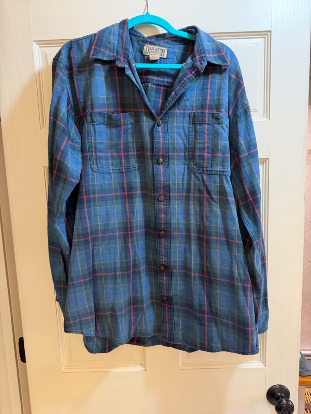 Duluth Trading Co Teal Green, Navy & Red Plaid Button-Down